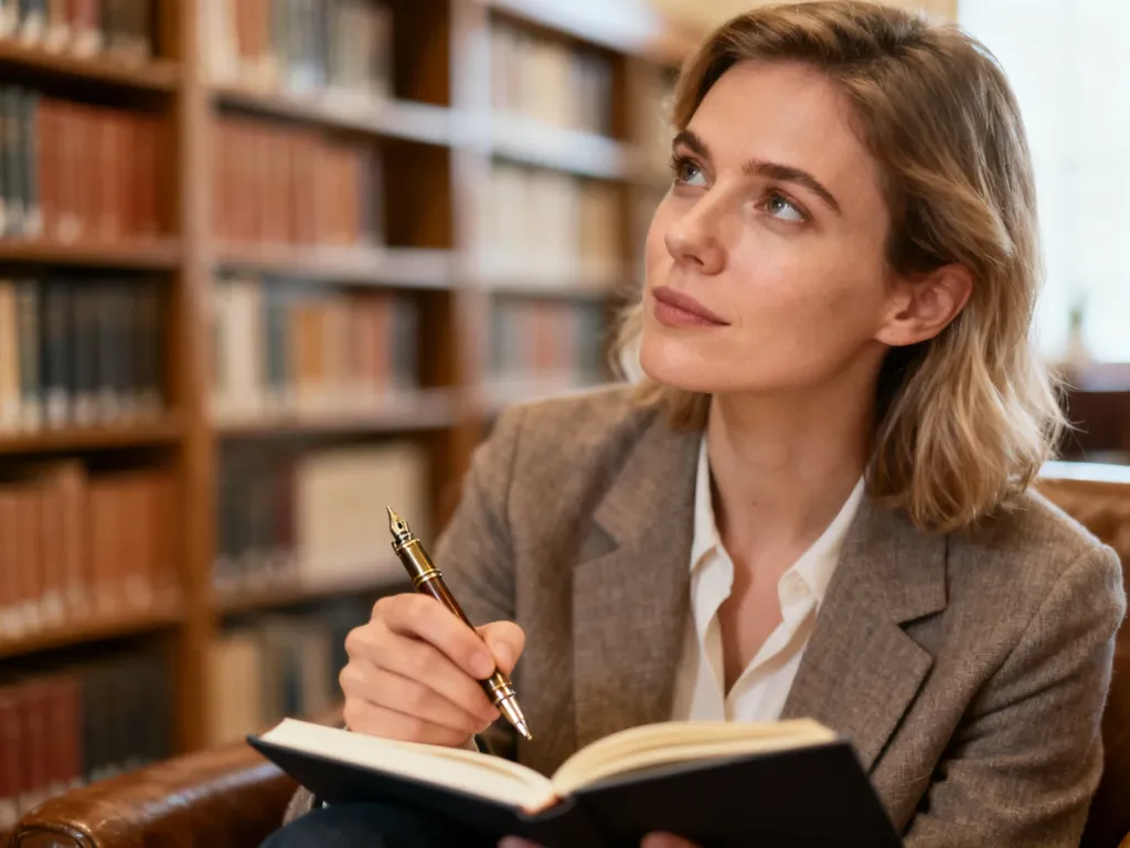 Kobieta w bibliotece zapisująca notatki piórem, ilustrująca proces twórczego pisania i dbałość o język.