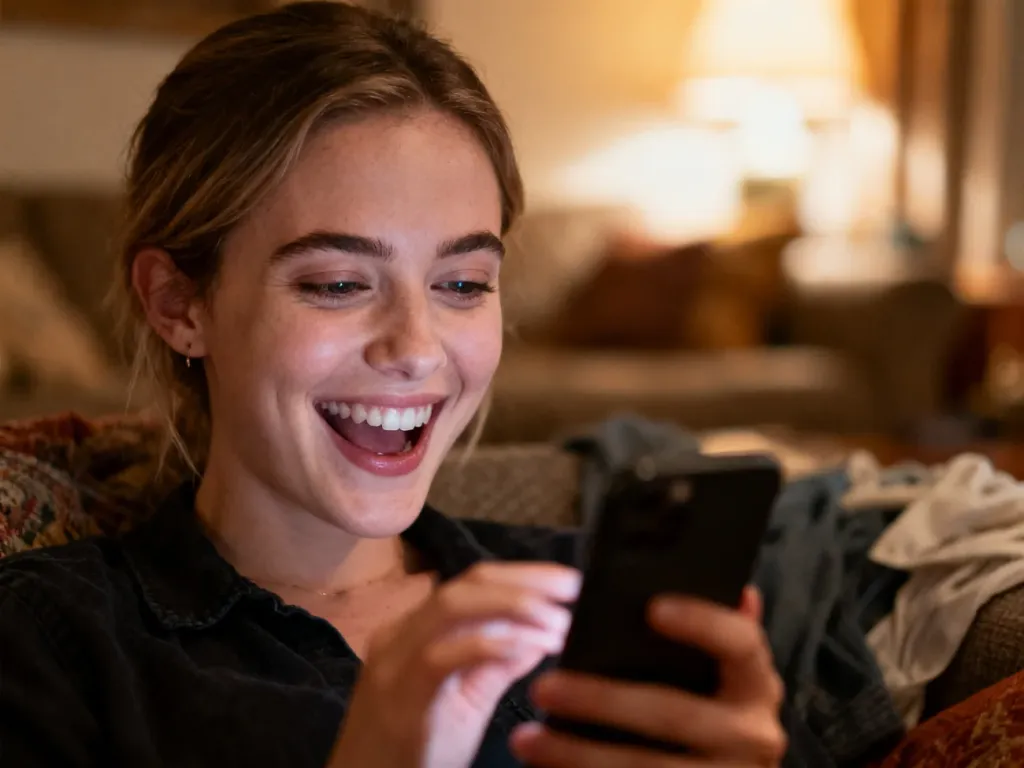 Młoda kobieta z uśmiechem przegląda telefon, wyrażając radość i rozbawienie, co idealnie oddaje znaczenie określenia „mood”.