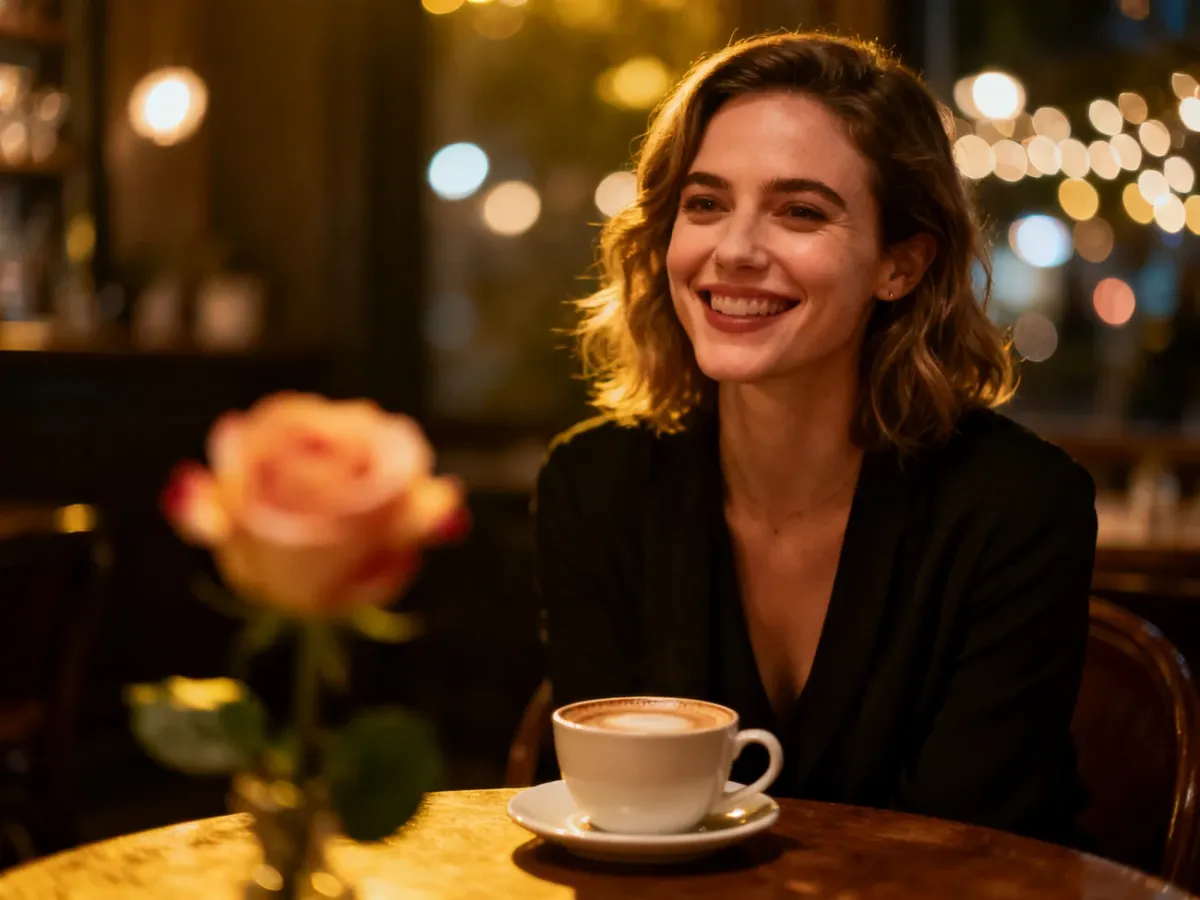 Uśmiechnięta kobieta przy stoliku w kawiarni, budująca atmosferę flirtu i romantycznego nastroju.