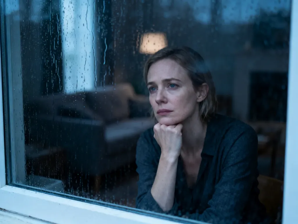 Zamyślona kobieta patrząca przez okno w deszczowy dzień, symbolizująca stan apatii i melancholii.