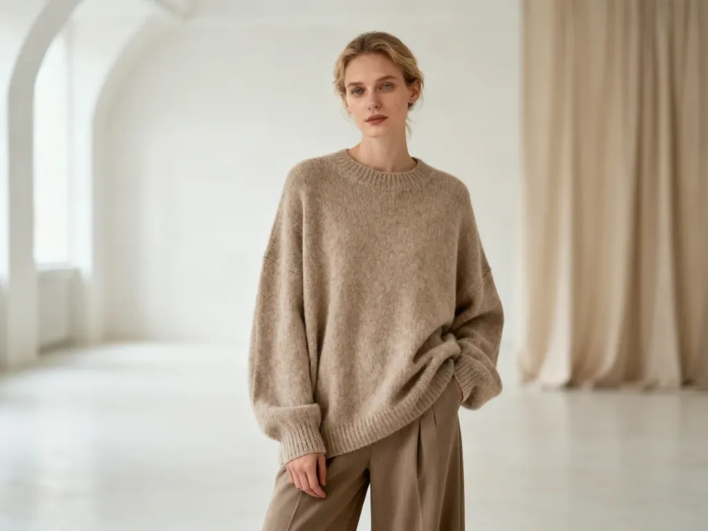 Kobieta w beżowym swetrze typu oversize i szerokich spodniach, prezentująca stylizację w duchu mody loose fit.