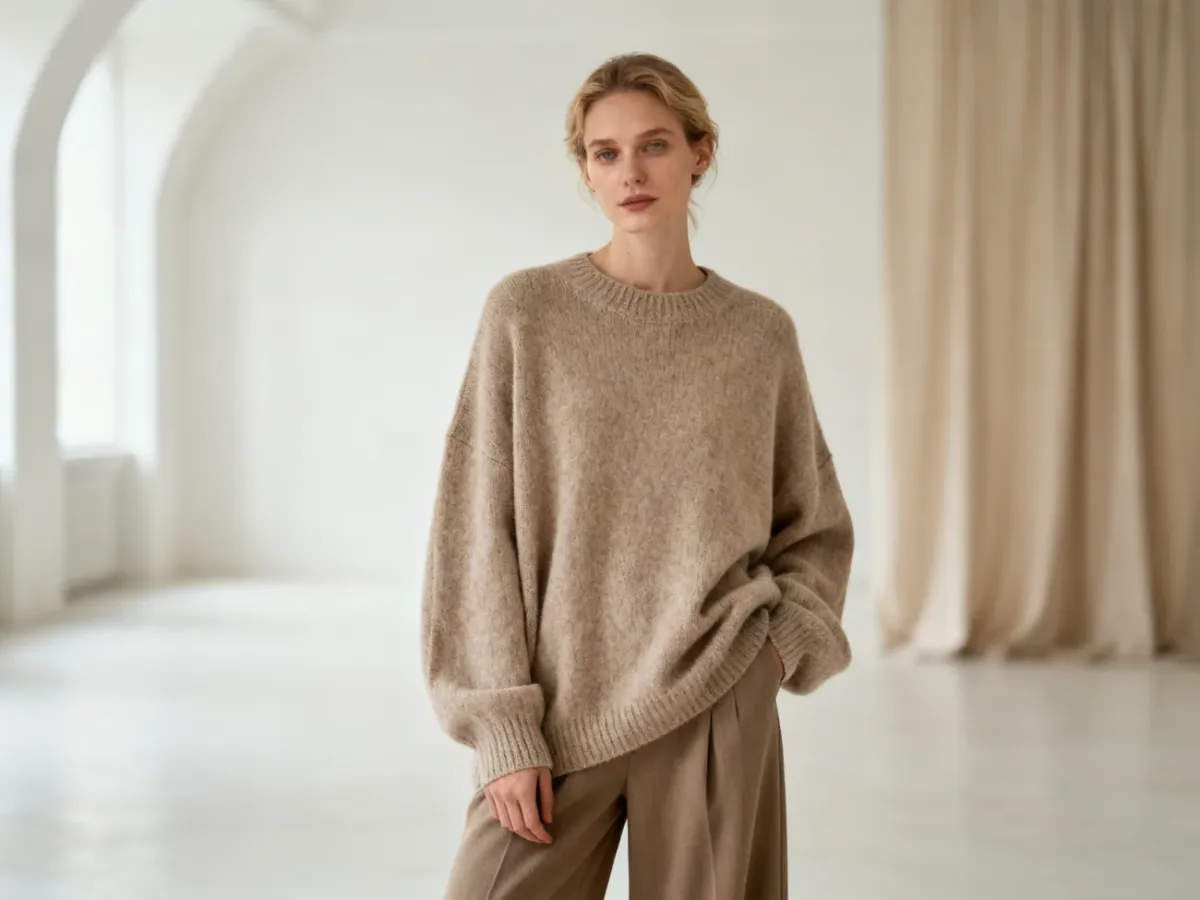 Kobieta w beżowym swetrze typu oversize i szerokich spodniach, prezentująca stylizację w duchu mody loose fit.