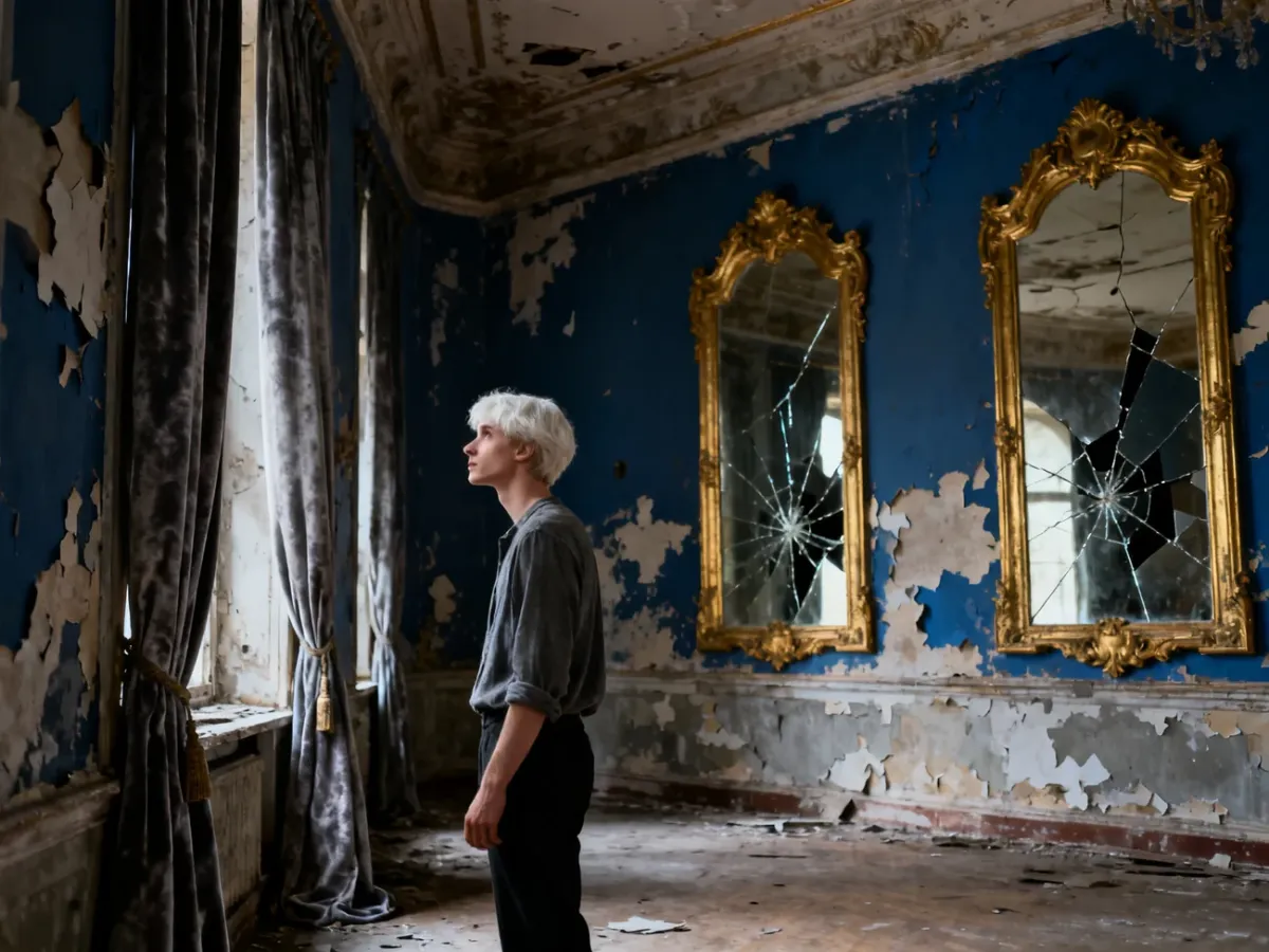 Zniszczona, XIX-wieczna sala balowa z popękanymi lustrami i łuszczącą się farbą, ilustrująca pojęcie degrengolady.