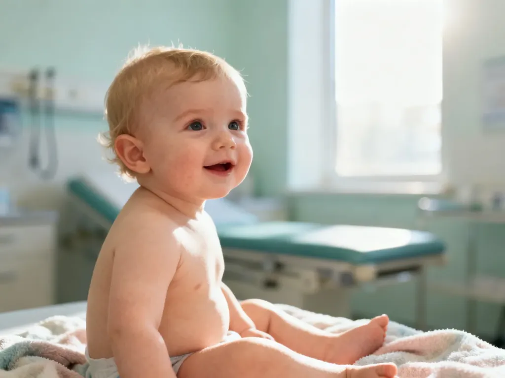 Zdrowe, aktywne dziecko siedzące na kocu w jasnym gabinecie pediatrycznym.