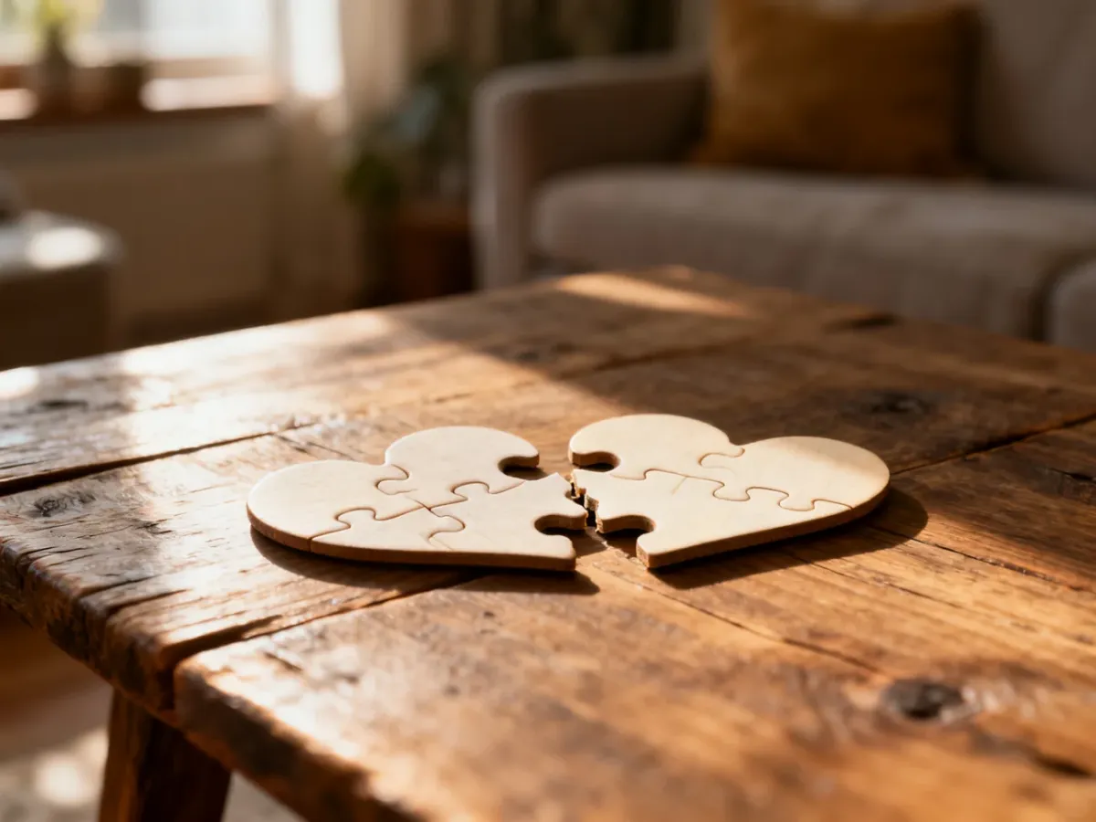 Dwa puzzle w kształcie serc leżące na drewnianym stole, symbolizujące relację wymagającą ponownego dopasowania.
