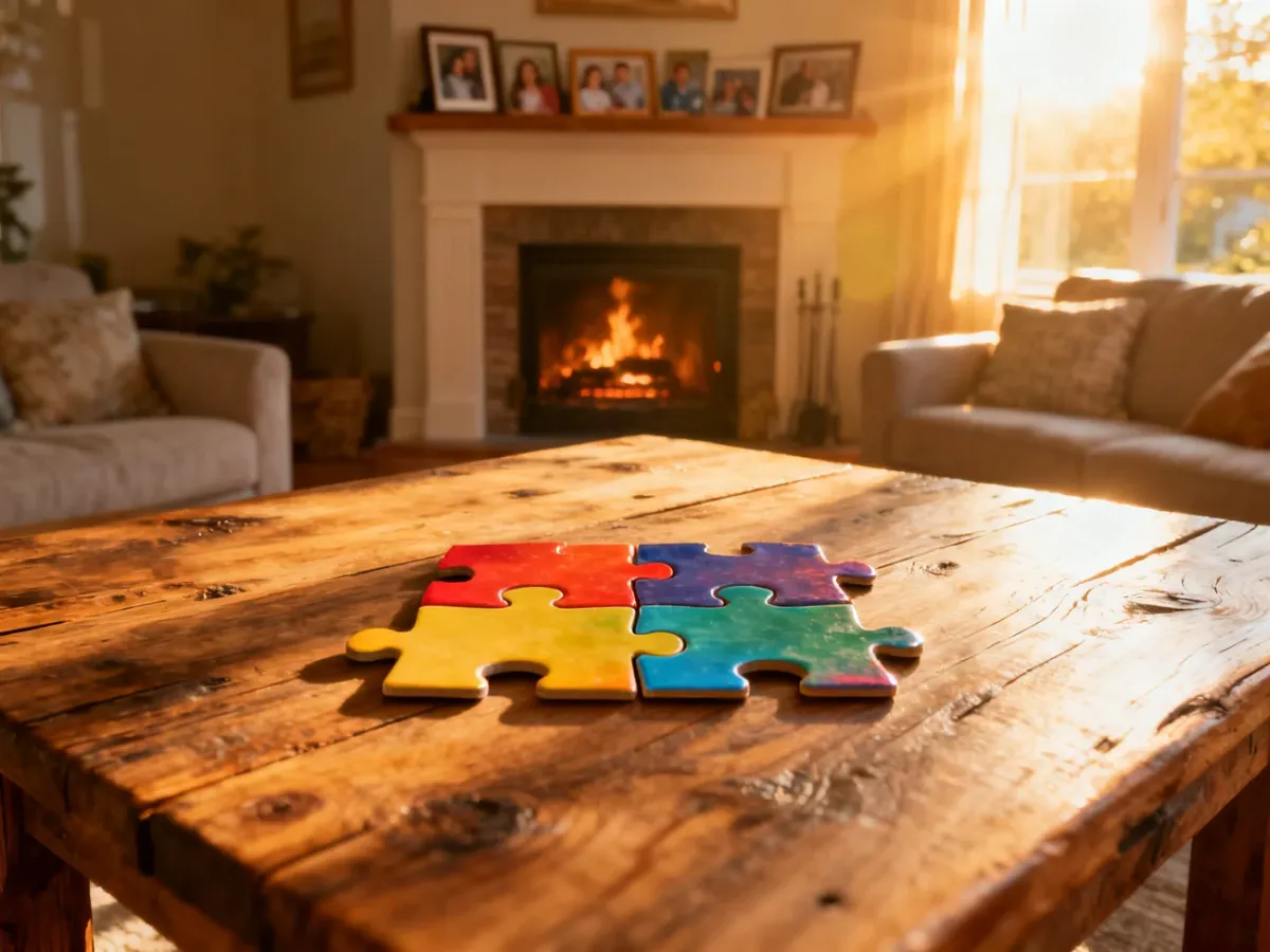 Dwa puzzle łączące się na drewnianym stole, symbolizujące budowanie więzi i jedność w nowej, patchworkowej rodzinie.