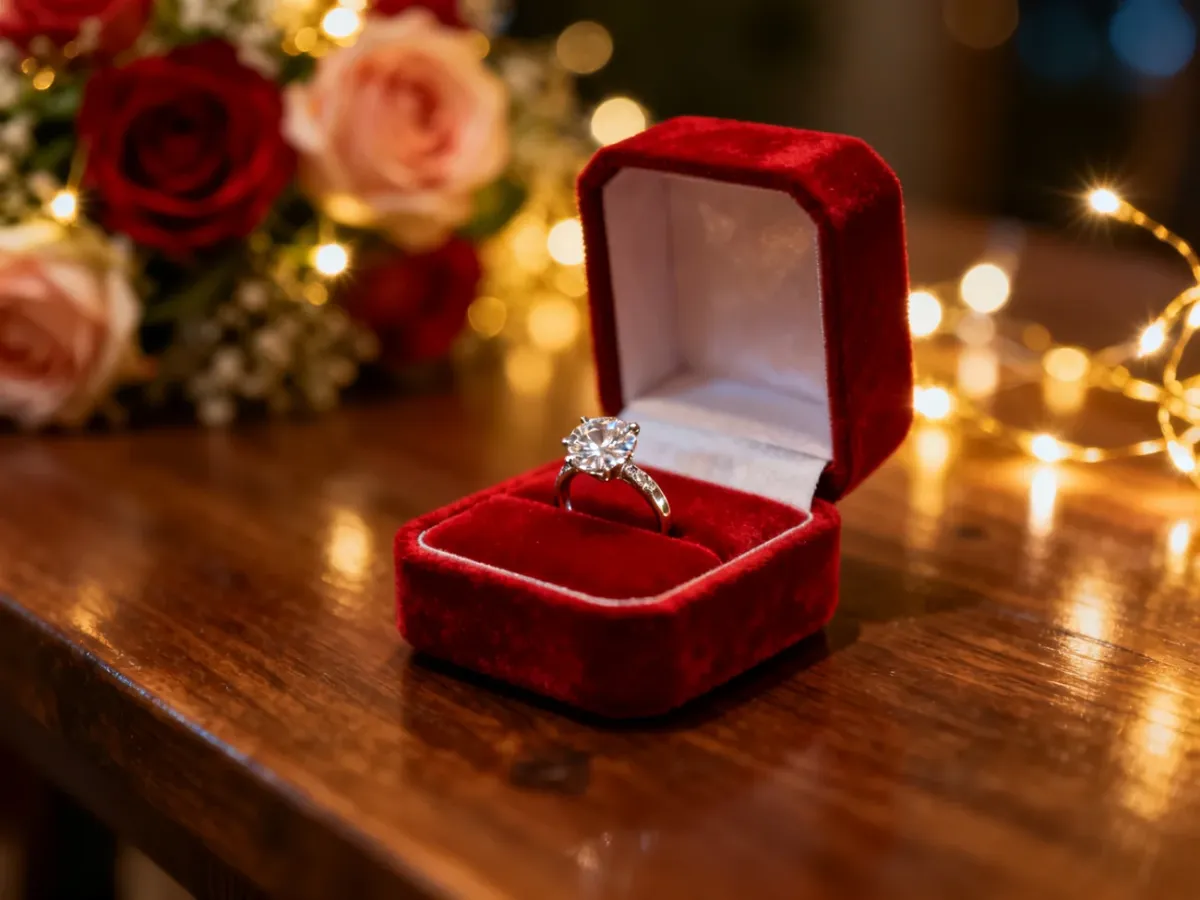 Elegancki pierścionek zaręczynowy z diamentem w czerwonym pudełku na tle romantycznych świateł i róż.