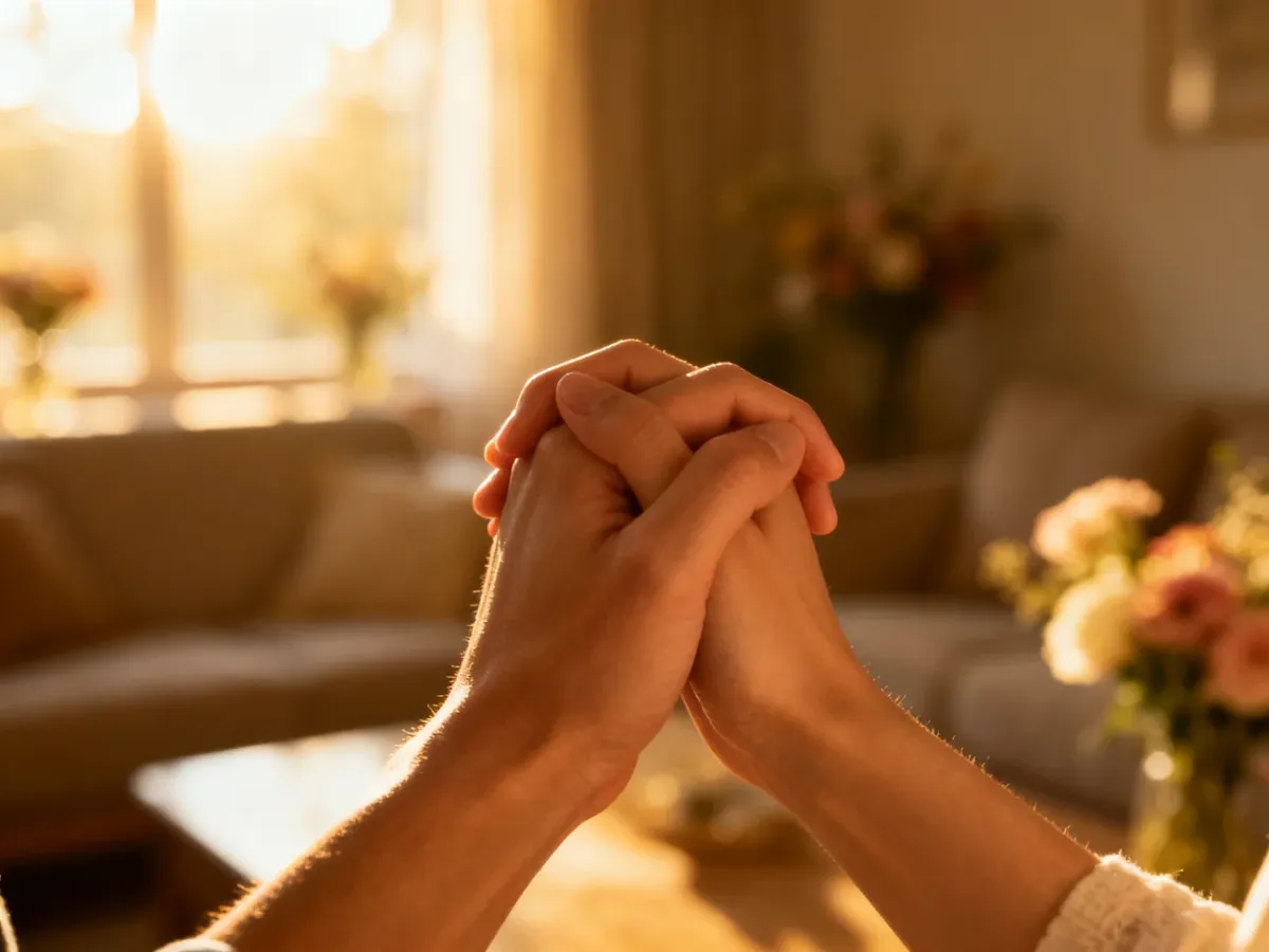 Dłonie splecione w czułym geście, symbolizujące wsparcie i bliskość między partnerami przygotowującymi się do ślubu.