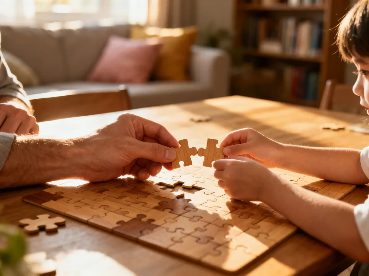Dorosły i dziecko wspólnie układają puzzle na stole, co symbolizuje budowanie więzi i wspólne spędzanie czasu.