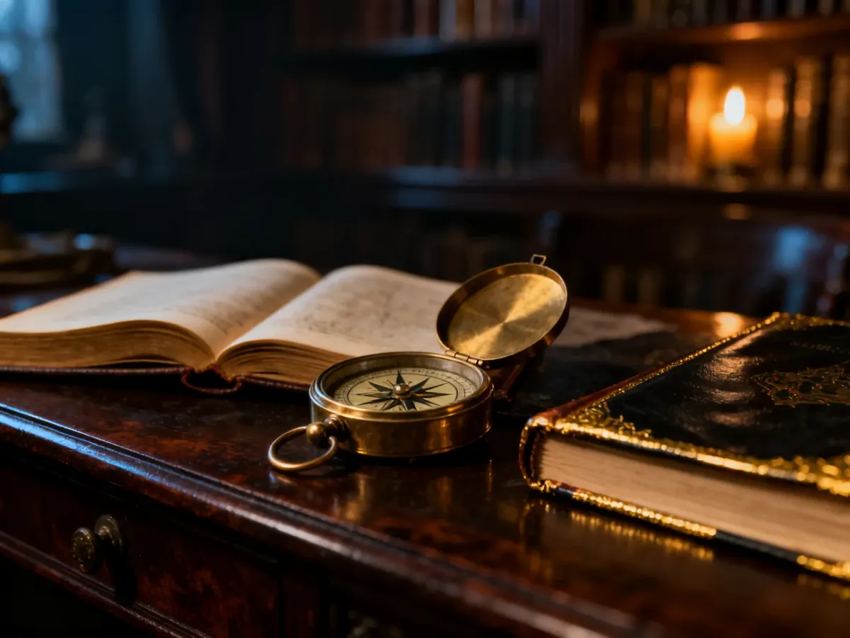 Mosiężny kompas i skórzany dziennik na tle biblioteki, symbolizujące tajemniczą i fascynującą osobowość mężczyzny.