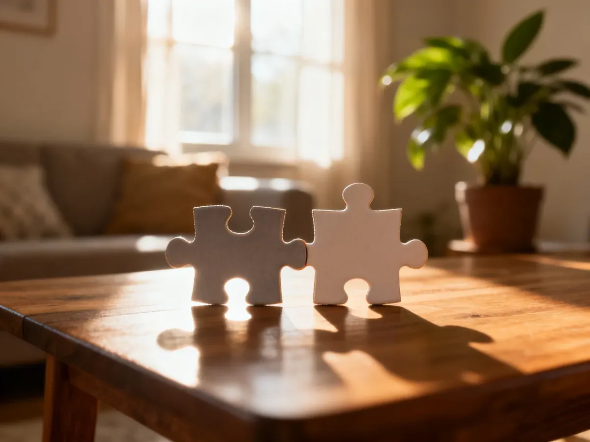 Dwa puzzle łączące się na drewnianym stole, symbolizujące pojednanie i odbudowę relacji w małżeństwie.