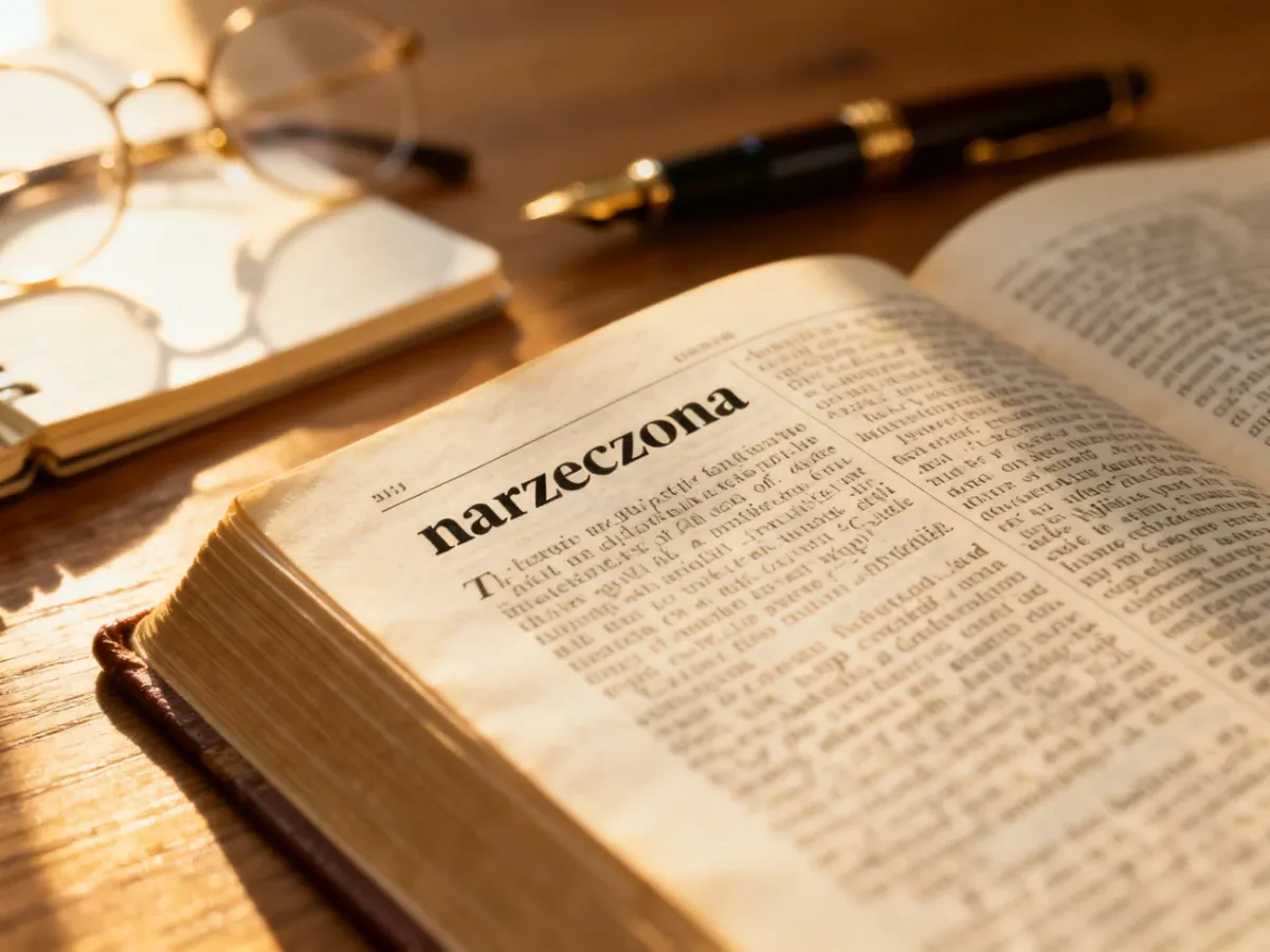Otwarte słownik z wyraźnie zaznaczonym słowem „narzeczona” na drewnianym biurku, podkreślający poprawną pisownię wyrazu.