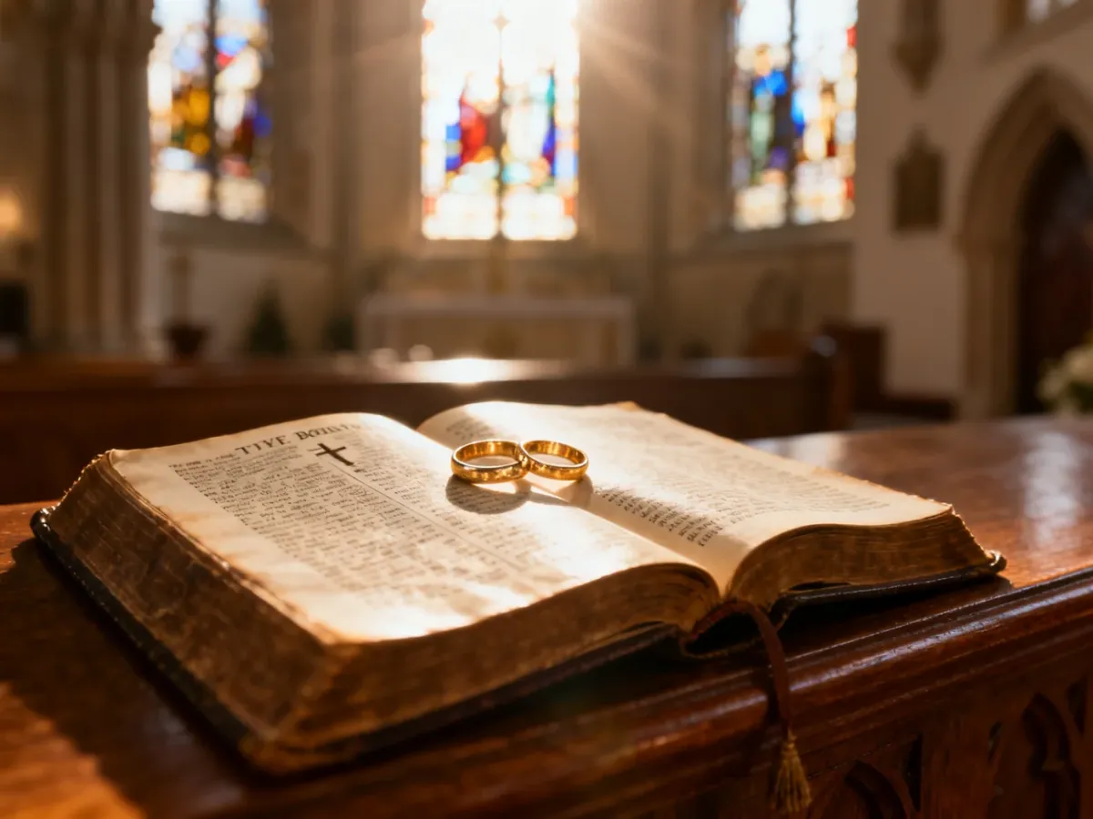 Złote obrączki ślubne spoczywające na otwartej Biblii na ołtarzu, symbolizujące sakramentalny charakter małżeństwa.