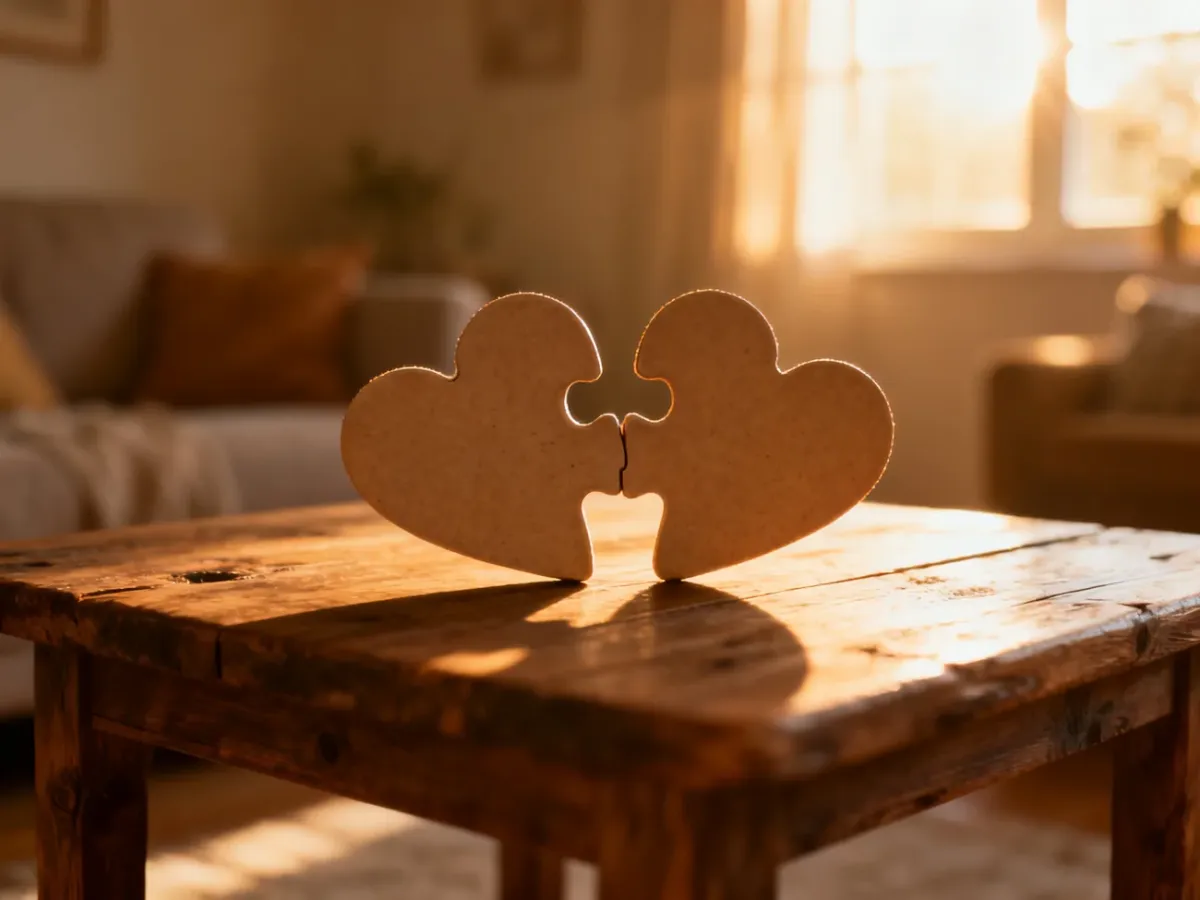 Dwa puzzle w kształcie serc łączące się na drewnianym stole, symbolizujące porozumienie i budowanie więzi w związku.