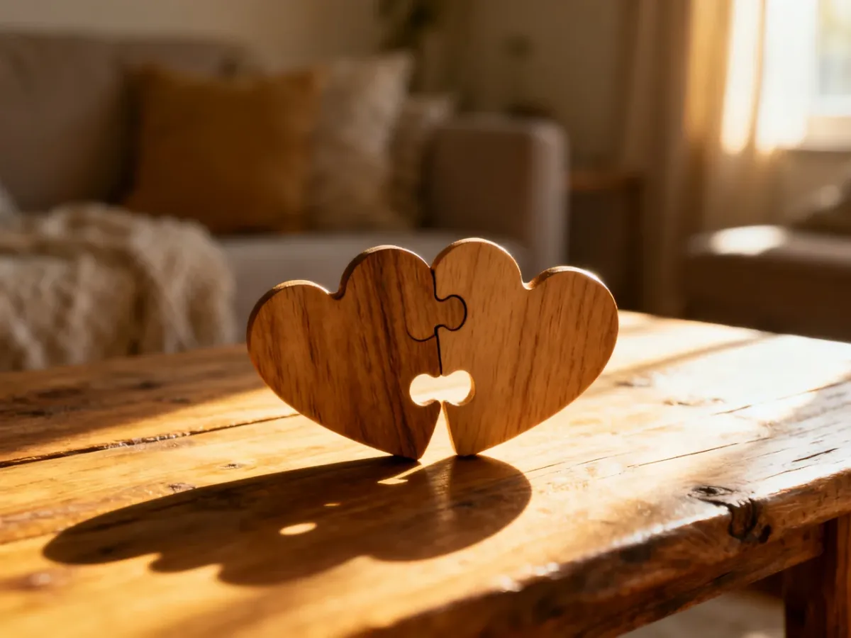Dwa drewniane puzzle w kształcie serc idealnie do siebie pasujące, symbolizujące harmonię i bliskość w związku.