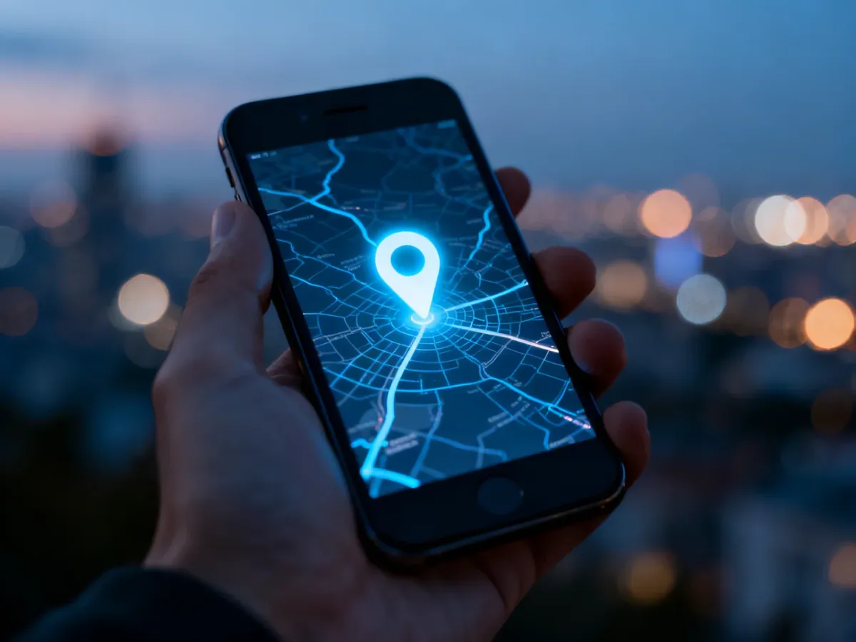 Dłoń trzymająca smartfon z wyświetloną mapą i pinezką lokalizacji, symbolizująca cyfrowe narzędzia do sprawdzania położenia.