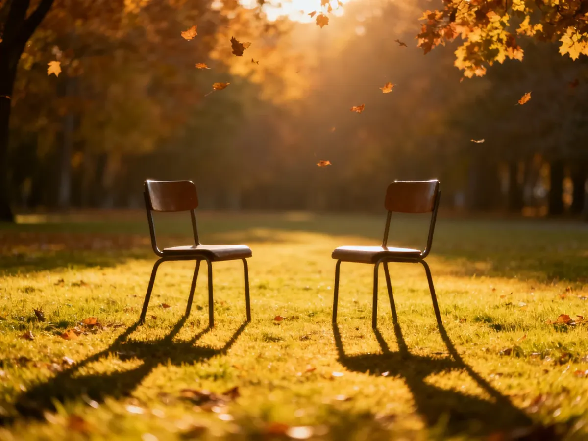 Dwa puste krzesła stojące daleko od siebie w słonecznym parku, symbolizujące dystans i emocjonalne rozstanie.