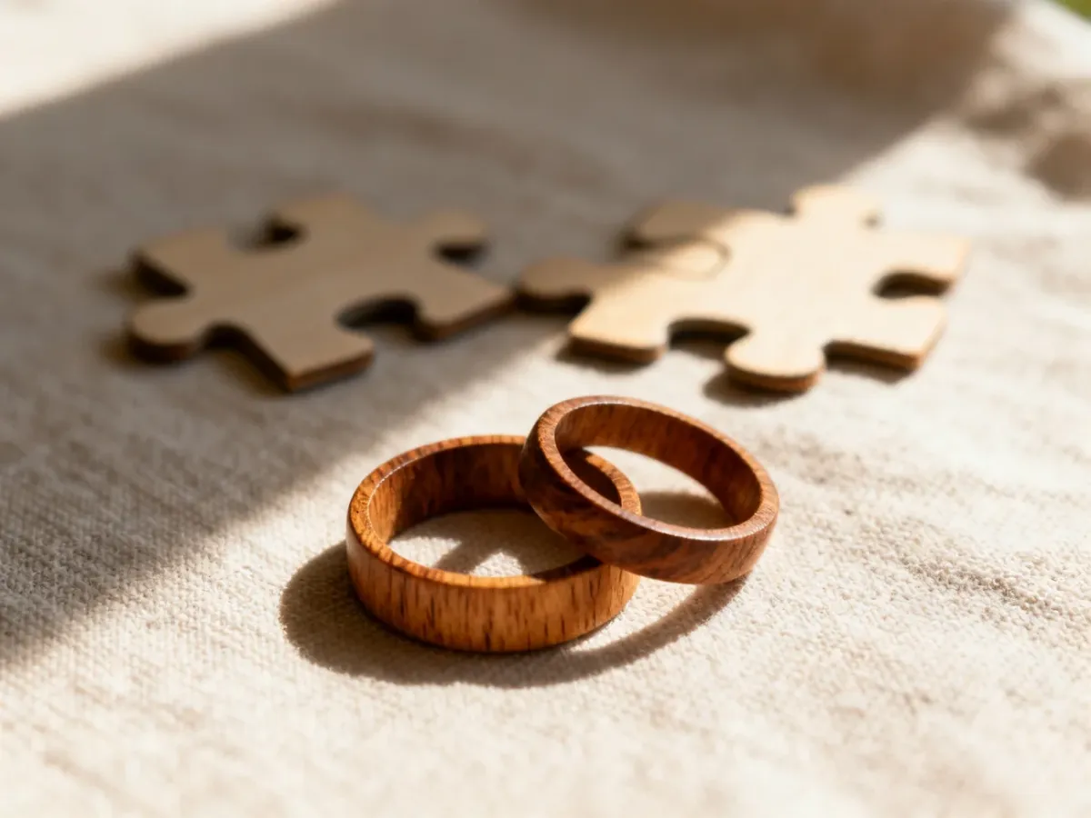 Dwie drewniane obrączki na lnianym tle oraz puzzle w tle, symbolizujące budowanie relacji i rozwiązywanie problemów.